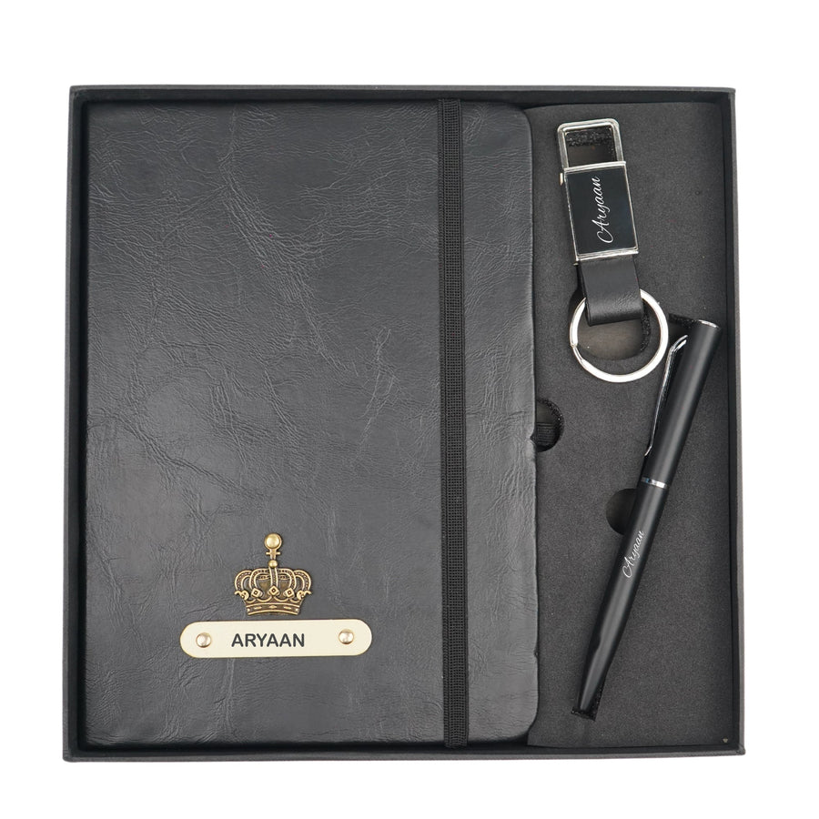 Classy Hardcover Diary + Classic Metal Pen + Classy Leather Metal Keychain - Black