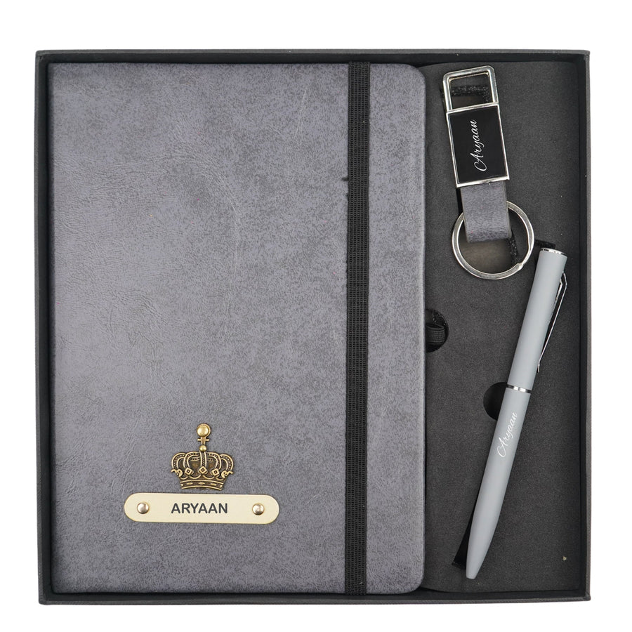 Classy Hardcover Diary + Classic Metal Pen + Classy Leather Metal Keychain - Grey