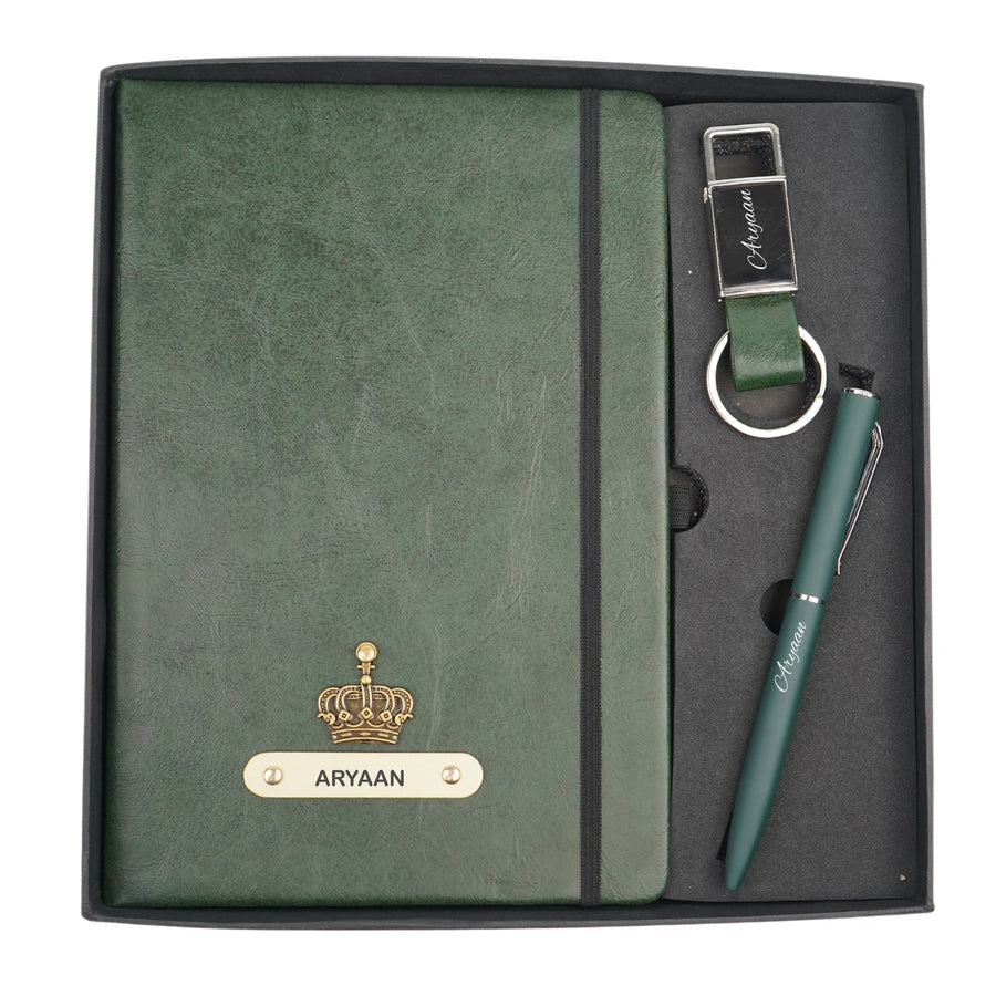 Classy Hardcover Diary + Classic Metal Pen + Classy Leather Metal Keychain - Green