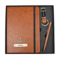 Classy Hardcover Diary + Classic Metal Pen + Classy Leather Metal Keychain - Tan