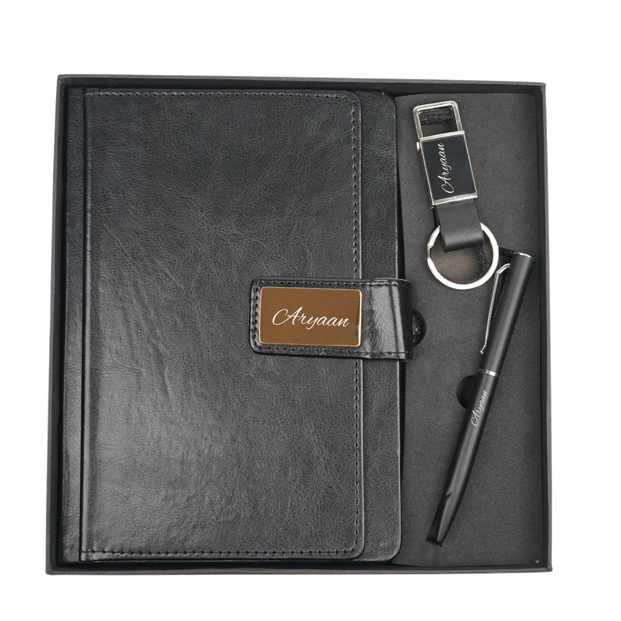 Classy Executive Diary + Classic Metal Pen + Classy Leather Metal Keychain - Black