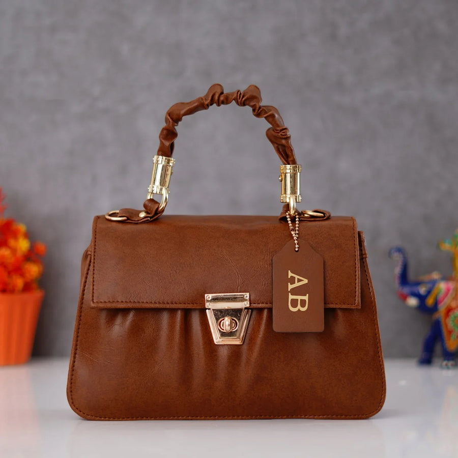 Classy Leather Customized Chain Sling Bag with Handle - Tan