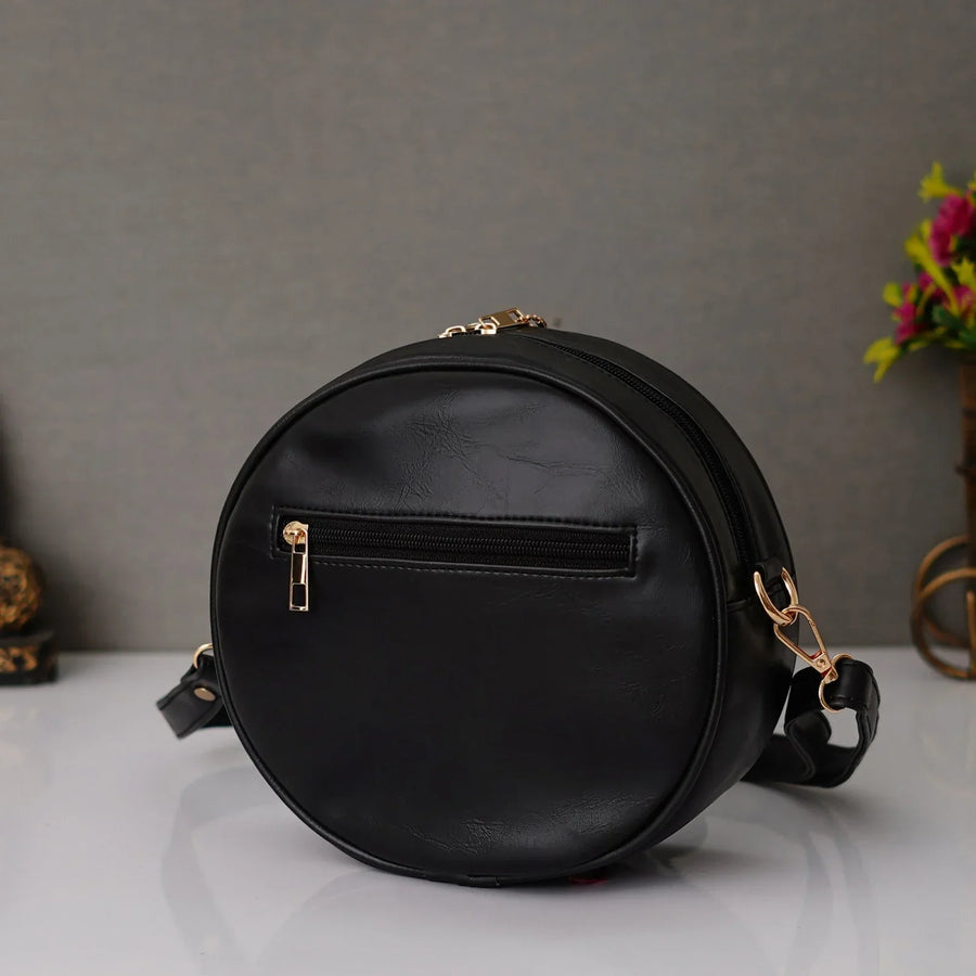 Classy Leather Customized Chain Sling Bag Round - Black