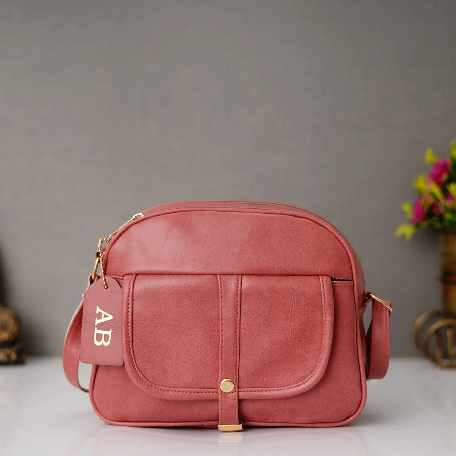 Classy Leather Customized Chain Sling Bag - Peach