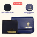 Nexon Leather Personalized Couple's Combo : Chained Sling Bag & Men's Wallet - Royal Blue