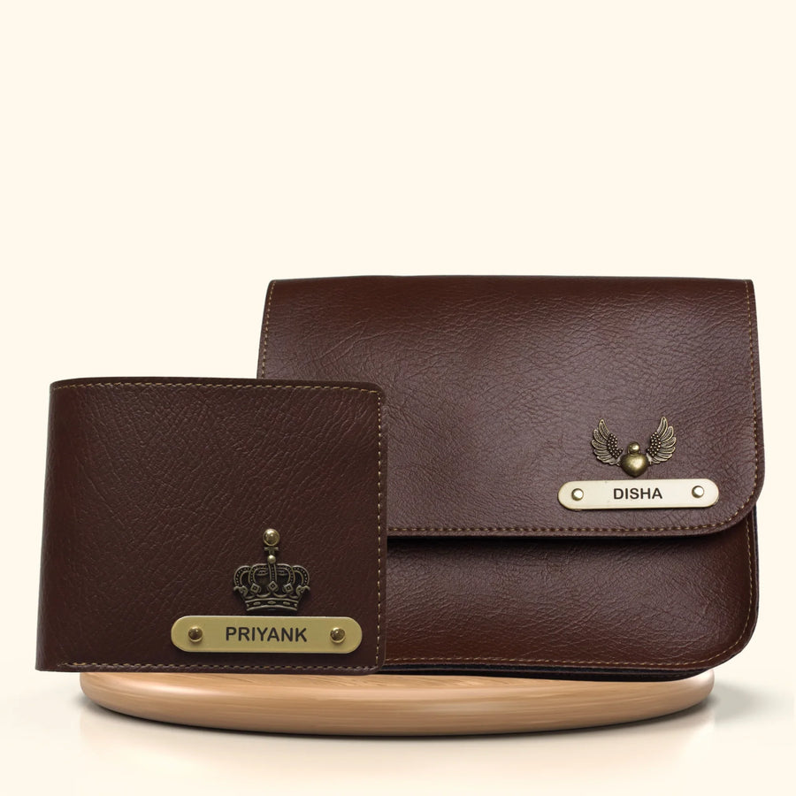 Nexon Leather Personalized Couple's Combo : Chained Sling Bag & Men's Wallet - Brown