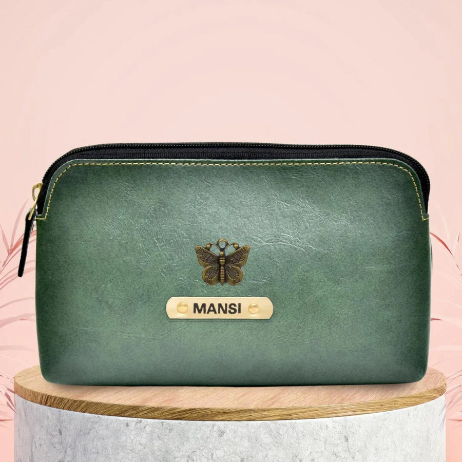 Classy Leather Customized Mutlipurpose Large Travel/Vanity/Make - up Pouch (Olive Green)