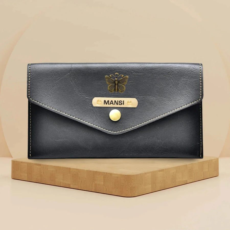 Classy Leather Customized Minimal Clutch with Charm (Black)