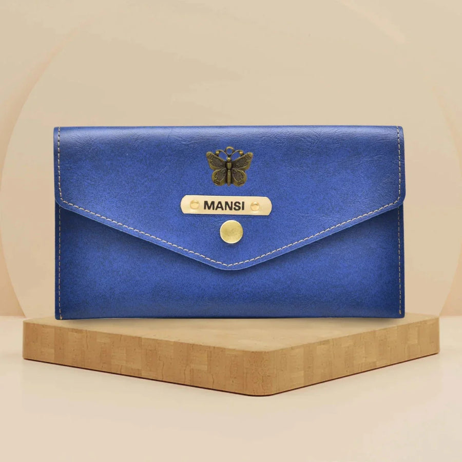 Classy Leather Customized Minimal Clutch with Charm (Royal Blue)