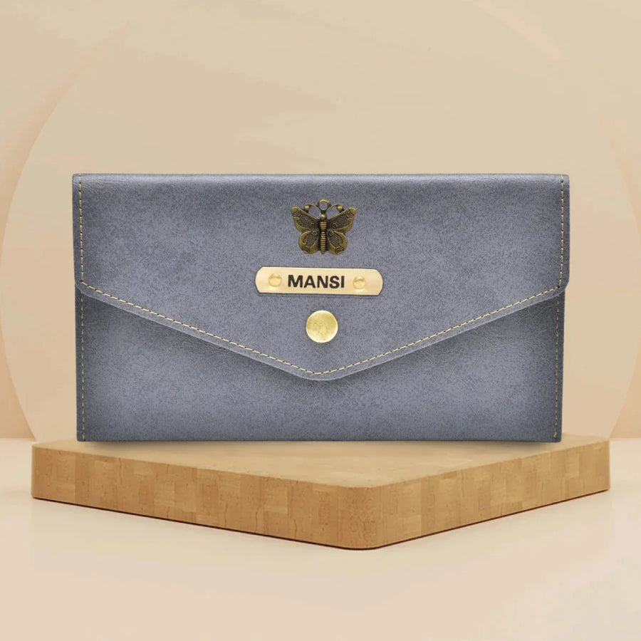 Classy Leather Customized Minimal Clutch with Charm (Grey)