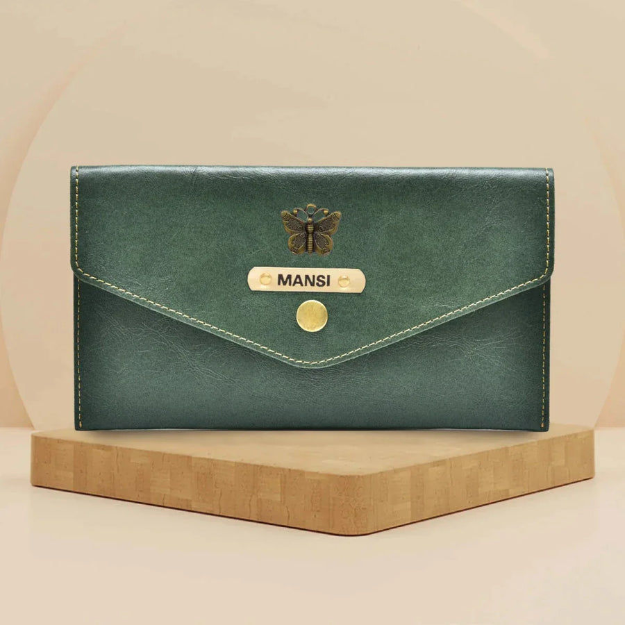 Classy Leather Customized Minimal Clutch with Charm (Olive Green)