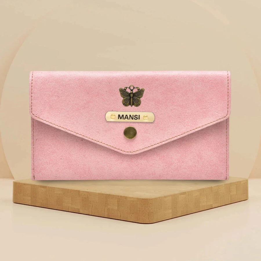 Classy Leather Customized Minimal Clutch with Charm (Pink)