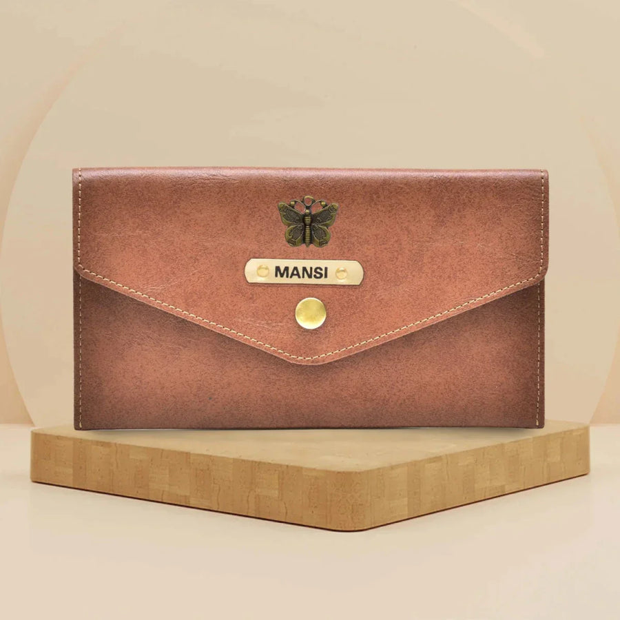 Classy Leather Customized Minimal Clutch with Charm (Tan)