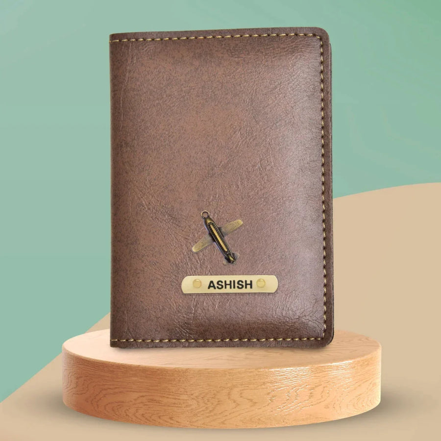 Classy Leather Customised Passport Cover with Charm (Brown)