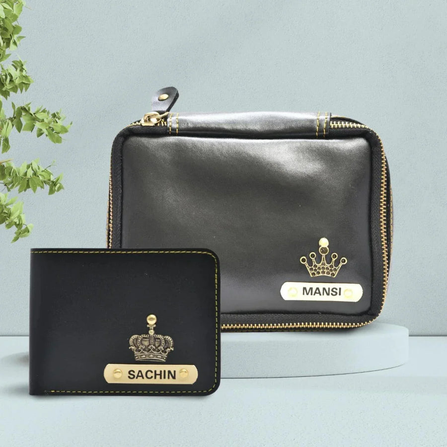 Personalized Couple's Combo : Mini Makeup Kit & Men's Wallet- Black