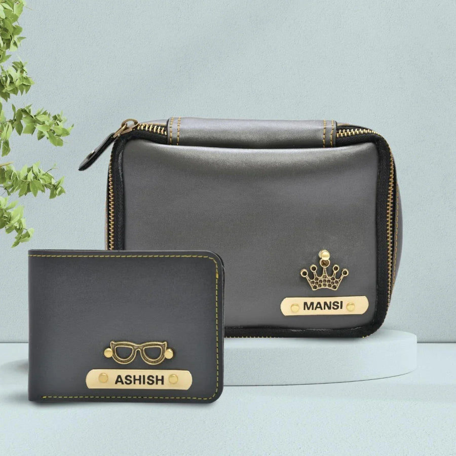 Personalized Couple's Combo : Mini Makeup Kit & Men's Wallet- Grey