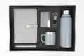 Classy Metal Flip Diary + Classic Metal Pen + Classy Leather Metal Keychain + Classy Card Holder + Classic Smart Bottle  + Stainless Steel Mug - GREY