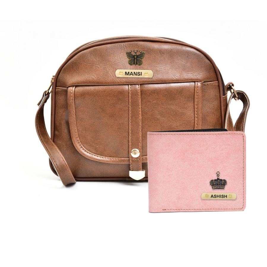 Classy Leather Customized Chain Sling Bag + Men's Wallet (Women's Combo) (Brown Light Pink)