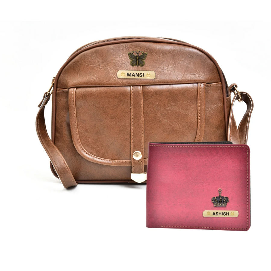 Classy Leather Customized Chain Sling Bag + Men's Wallet (Women's Combo) (Brown Maroon)