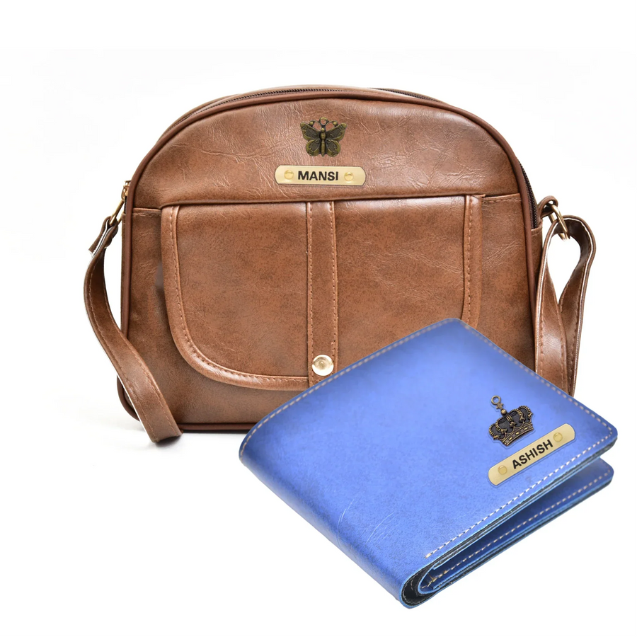 Classy Leather Customized Chain Sling Bag + Men's Wallet (Women's Combo) (Brown Royal Blue)