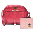 Classy Leather Customized Chain Sling Bag + Men's Wallet (Women's Combo) (Maroon Light Pink)