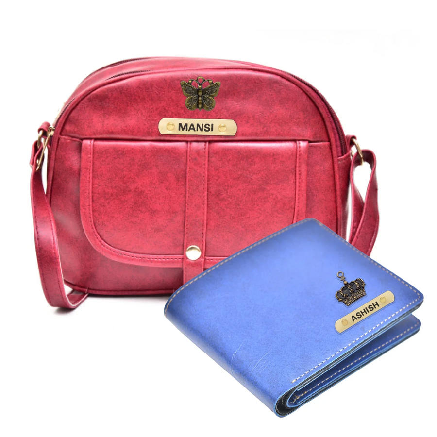 Classy Leather Customized Chain Sling Bag + Men's Wallet (Women's Combo) (Maroon Royal Blue)