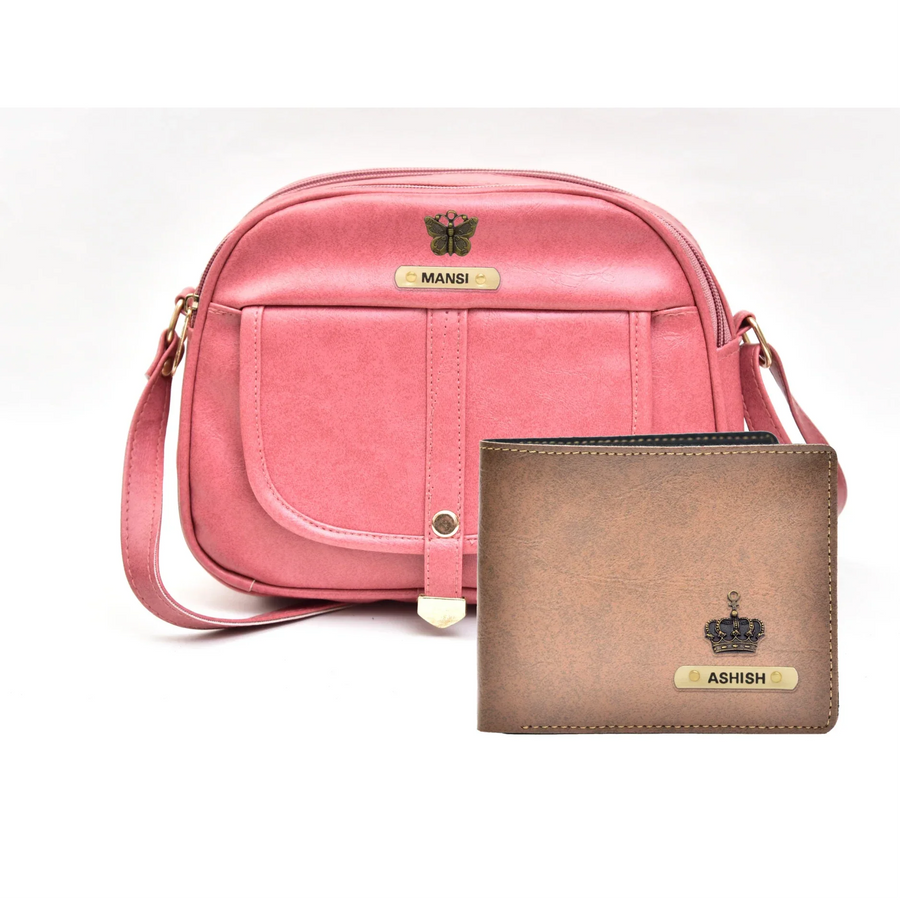 Classy Leather Customized Chain Sling Bag + Men's Wallet (Women's Combo) (Peach Brown)