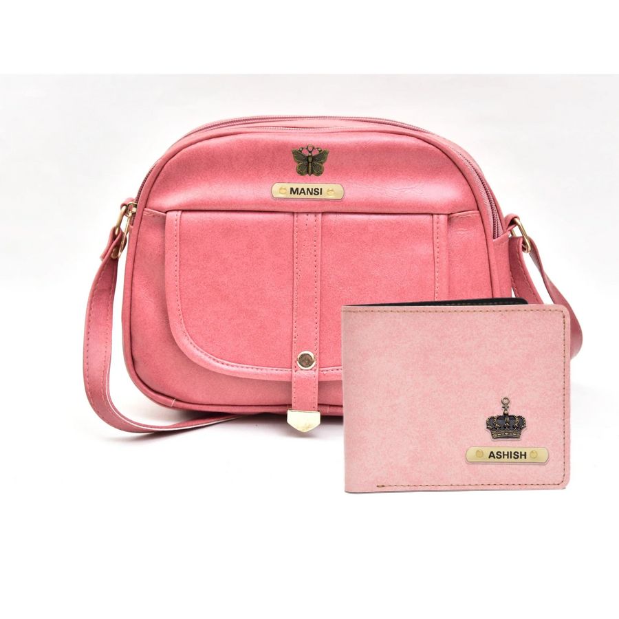 Classy Leather Customized Chain Sling Bag + Men's Wallet (Women's Combo) (Peach Light Pink)