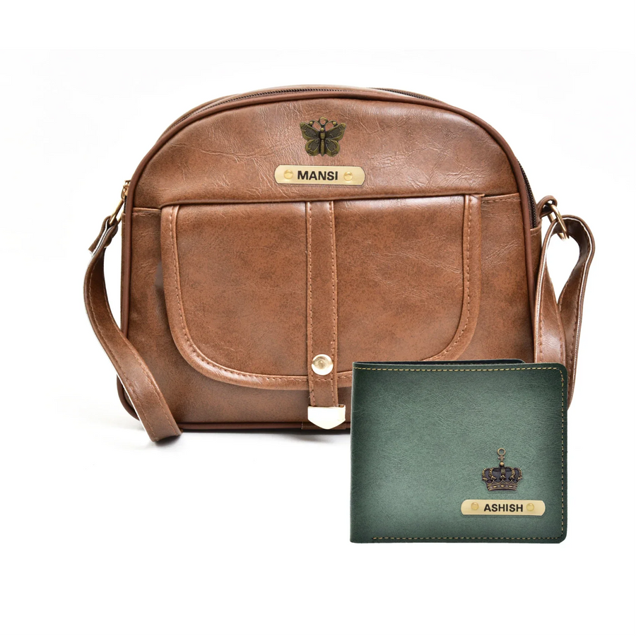 Classy Leather Customized Chain Sling Bag + Men's Wallet (Women's Combo) (Brown Green)