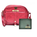 Classy Leather Customized Chain Sling Bag + Men's Wallet (Women's Combo) (Maroon Green)