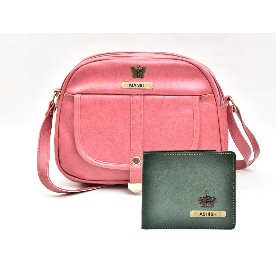 Classy Leather Customized Chain Sling Bag + Men's Wallet (Women's Combo) (Peach Green)