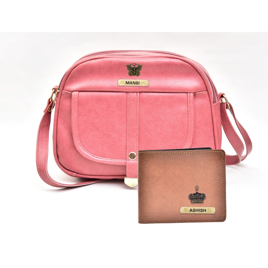 Classy Leather Customized Chain Sling Bag + Men's Wallet (Women's Combo) (Peach Tan)