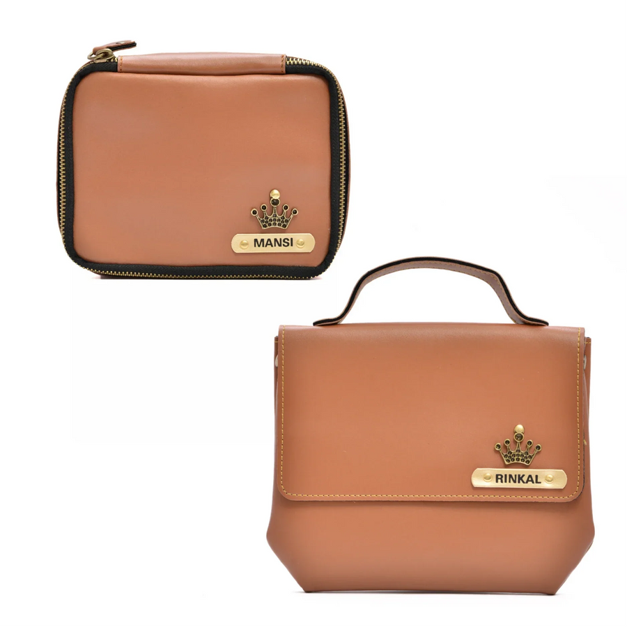 Women's Combo : Mini Makeup Kit & Sling Bag (TAN)