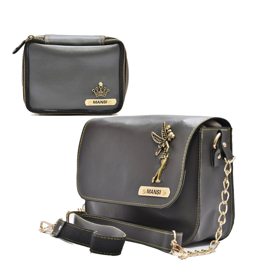 Women's Combo : Mini Makeup Kit & Chained Sling Bag (Grey)