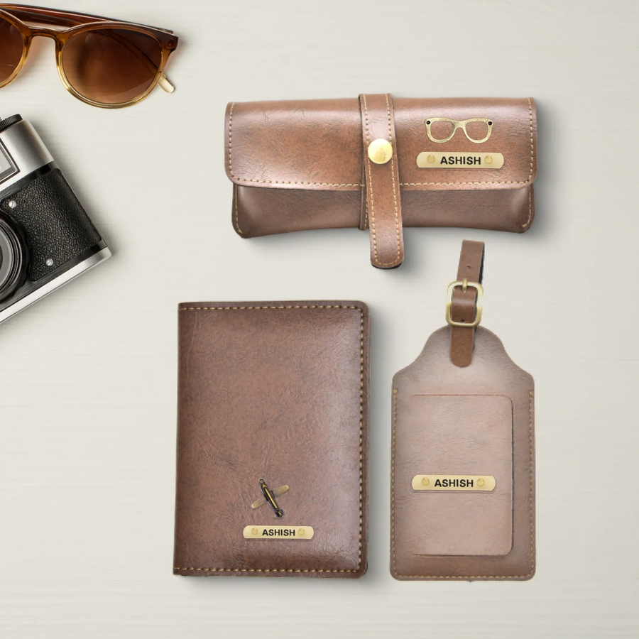 Classy Leather Customized  Frequent Traveller Combo (3 pcs) - Brown