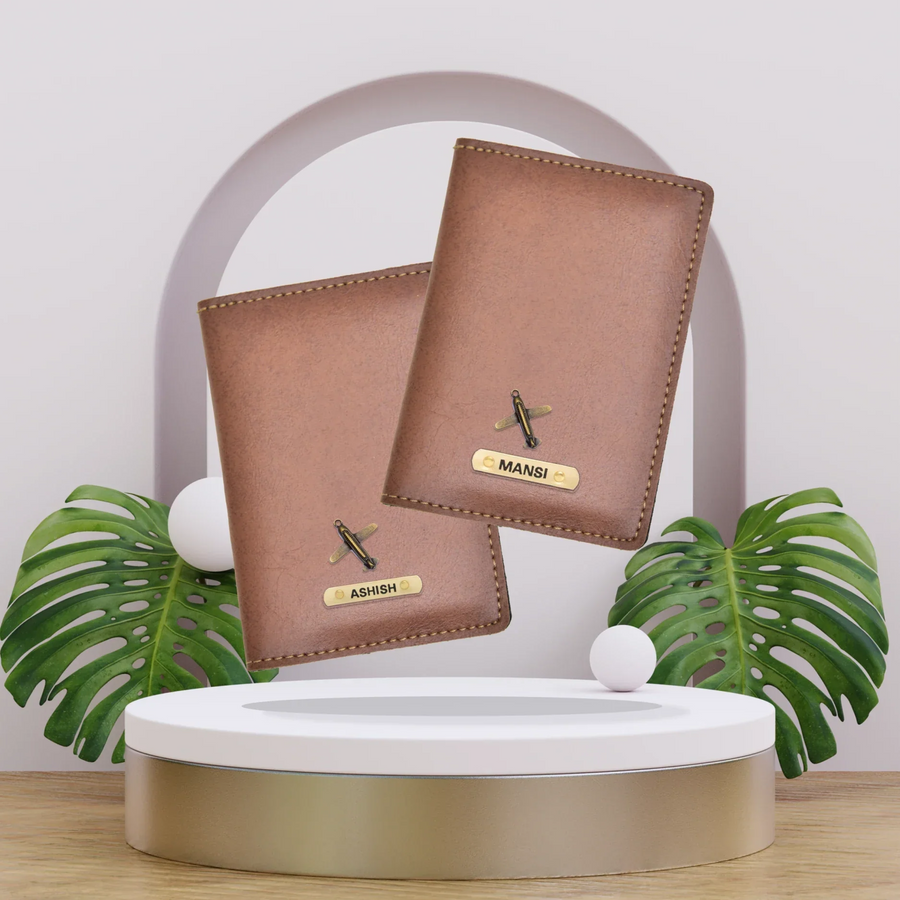 Classy Leather Customized Couple Traveller Combo (2 pcs) - Tan