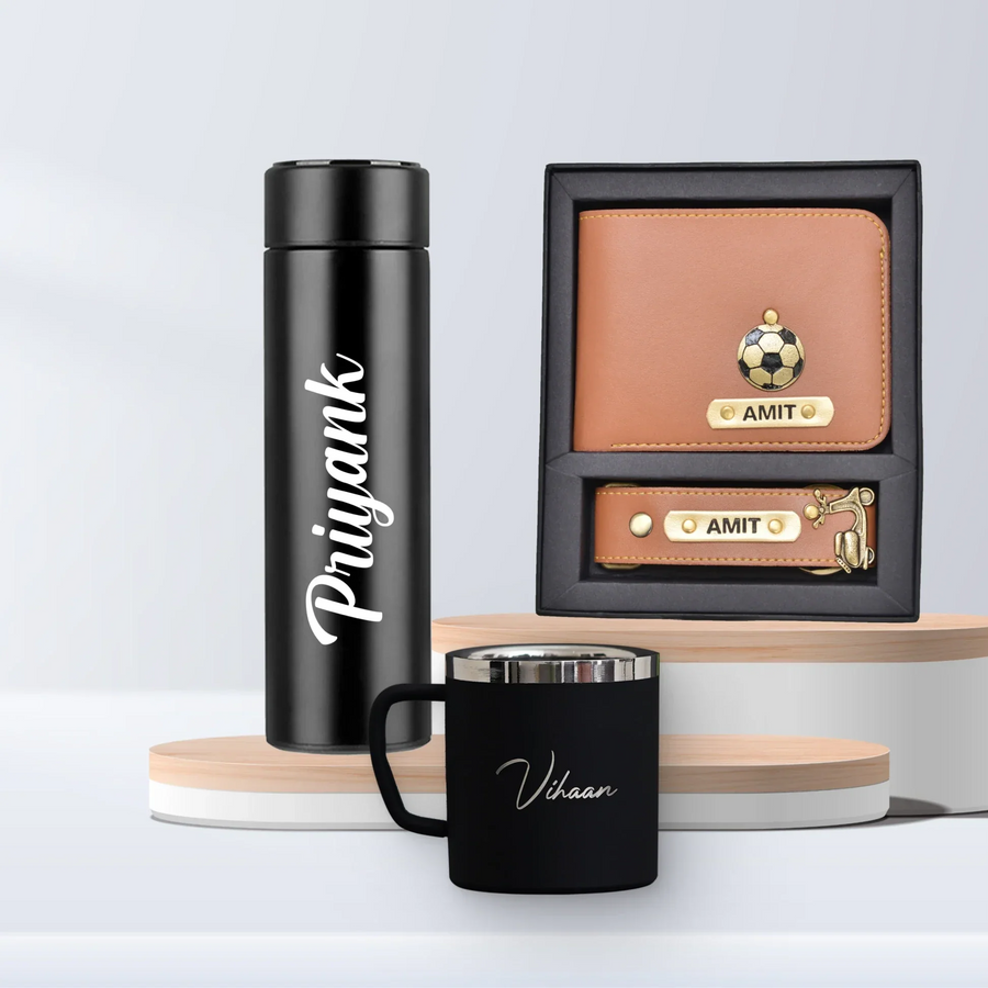 Personalized Temperature Bottle, Stainless Steel Mug & Men's Combo (2 pcs) - Tan