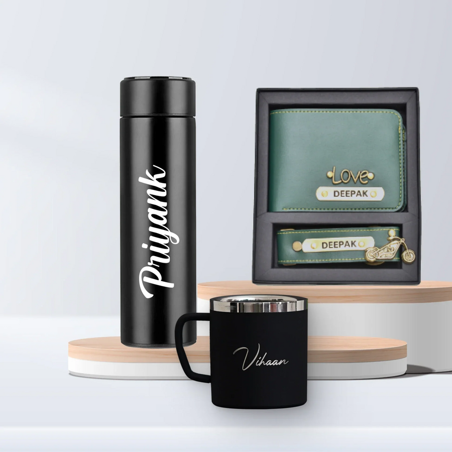 Personalized Temperature Bottle, Stainless Steel Mug & Men's Combo (2 pcs) - Olive Green