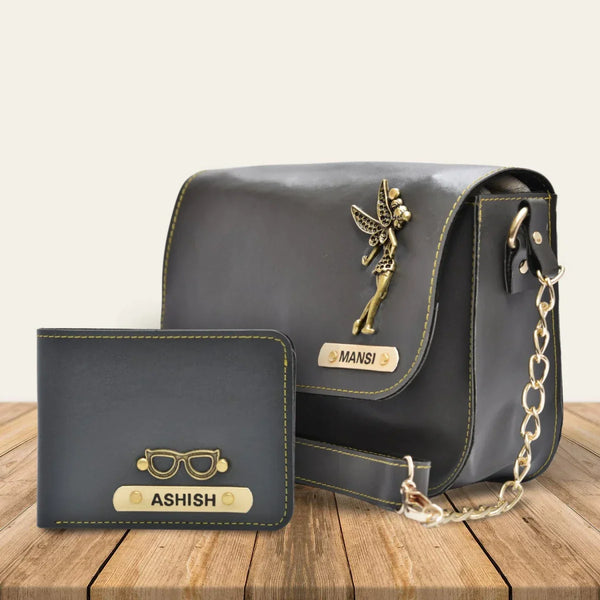 Nexon Leather Personalized Couple's Combo : Chained Sling Bag & Men's Wallet - Grey