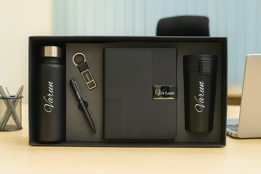 Nexon Diary + Classic Metal Pen + Classy Leather Metal Keychain + Classic Smart Bottle  + Stainless Steel Travell Mug - Black