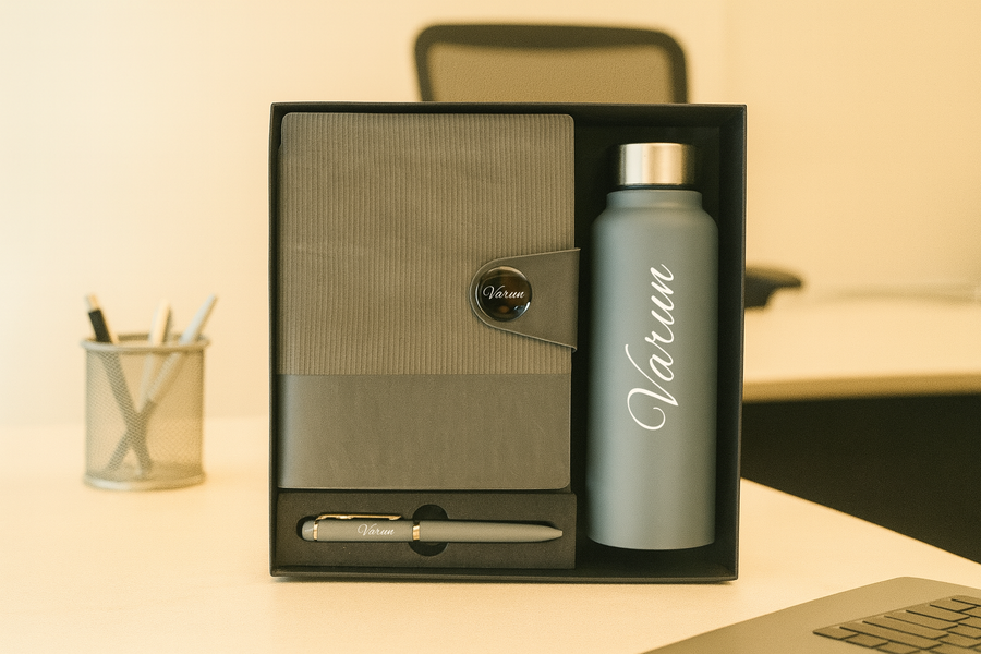 Nexon Metal Diary+ Classic Metal Pen+ Classic Stainless Steel Bottle -Grey