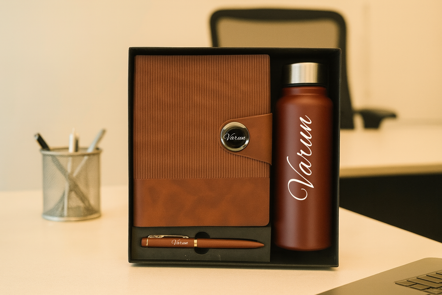 Nexon Metal Diary+ Classic Metal Pen+ Classic Stainless Steel Bottle -Brown