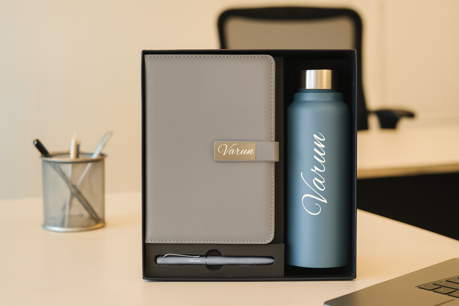 Metal Flip Diary+ Classic Metal Pen+ Classic Stainless Steel Bottle -Grey