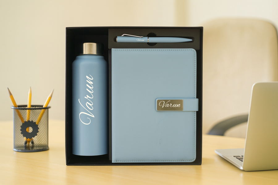 Metal Flip Diary+ Classic Metal Pen+ Classic Stainless Steel Bottle -Blue