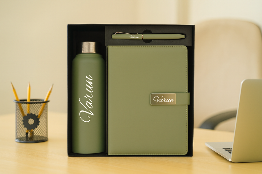 Metal Flip Diary+ Classic Metal Pen+ Classic Stainless Steel Bottle -Green
