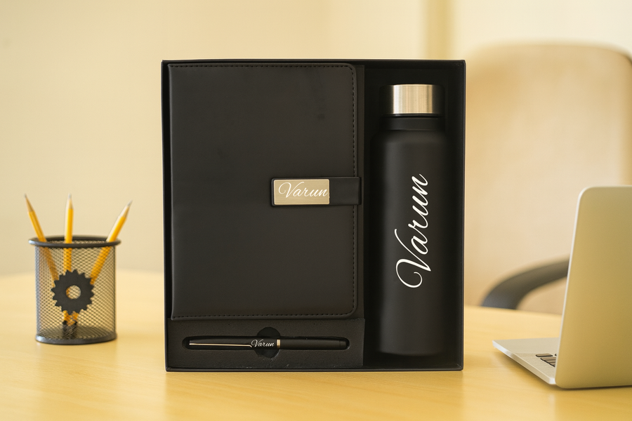 Metal Flip Diary+ Classic Metal Pen+ Classic Stainless Steel Bottle -Black