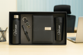 Metal Flip Diary + Classic Metal Pen + Classy Leather Metal Keychain + Classic Smart Bottle  + Stainless Steel Travell Mug - BLACK