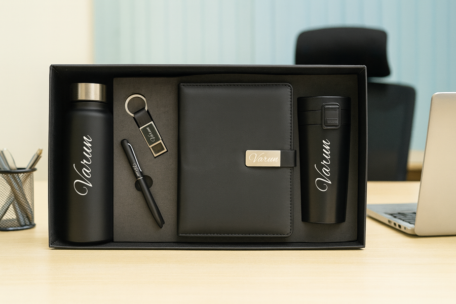 Metal Flip Diary + Classic Metal Pen + Classy Leather Metal Keychain + Classic Smart Bottle  + Stainless Steel Travell Mug - BLACK