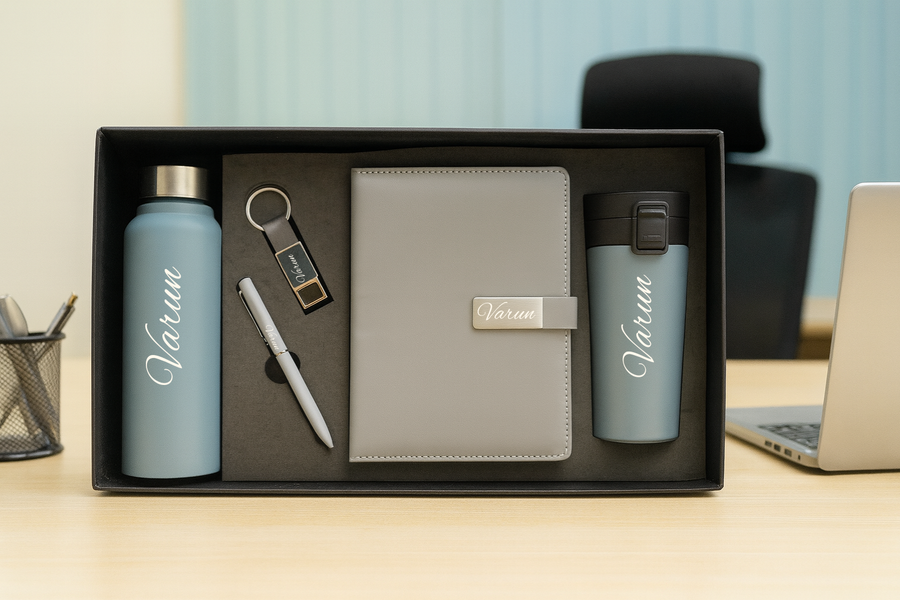 Metal Flip Diary + Classic Metal Pen + Classy Leather Metal Keychain + Classic Smart Bottle  + Stainless Steel Travell Mug - GREY