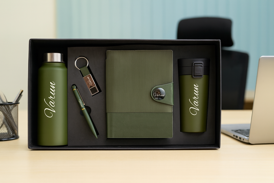 Nexon Flip Diary + Classic Metal Pen + Classy Leather Metal Keychain + Classic Smart Bottle  + Stainless Steel Travell Mug - GREEN